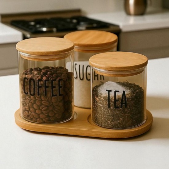 Glass Jars Set of 3 With Wooden Base